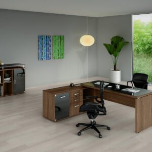 Mesa Diretiva com Armário e Tampo de Vidro